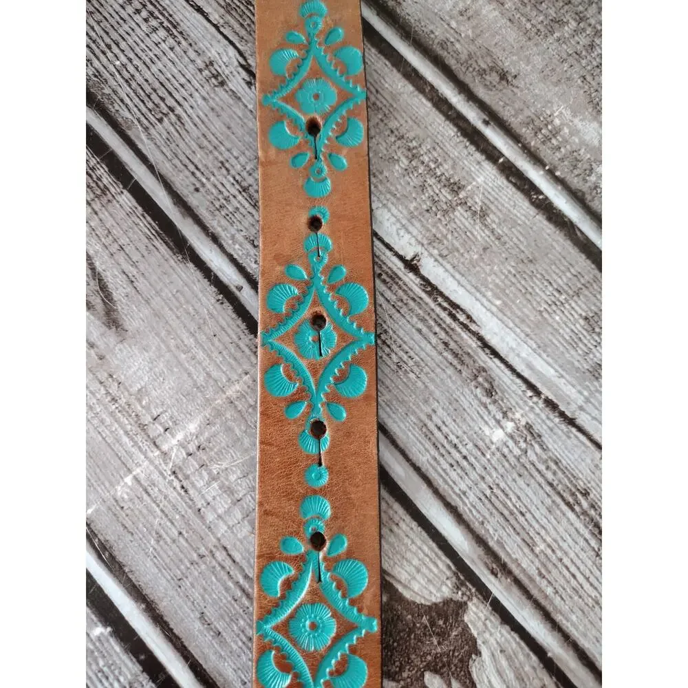 Justin Brown w/Teal Accent Tooled Leather Belt Silver-Tone Heart Buckle Women 26